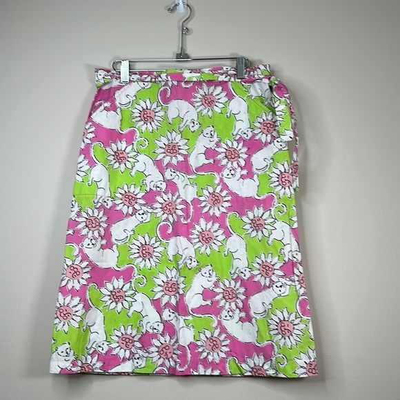 Lilly Pulitzer Suzy French Fried Lion Wrap Skirt Pink Green White Cat Size 6 - Picture 1 of 5